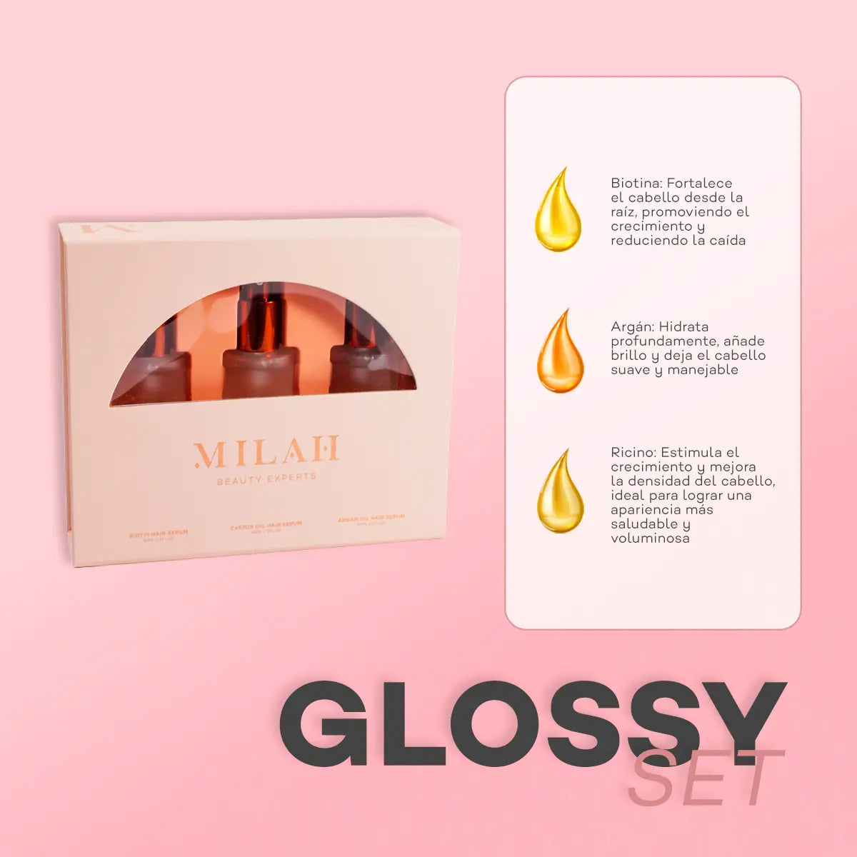 Glossy Set | Kit de sueros para el cabello (Biotina, Argán y Ricino)